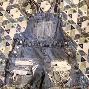 F21 Distressed Short Overalls